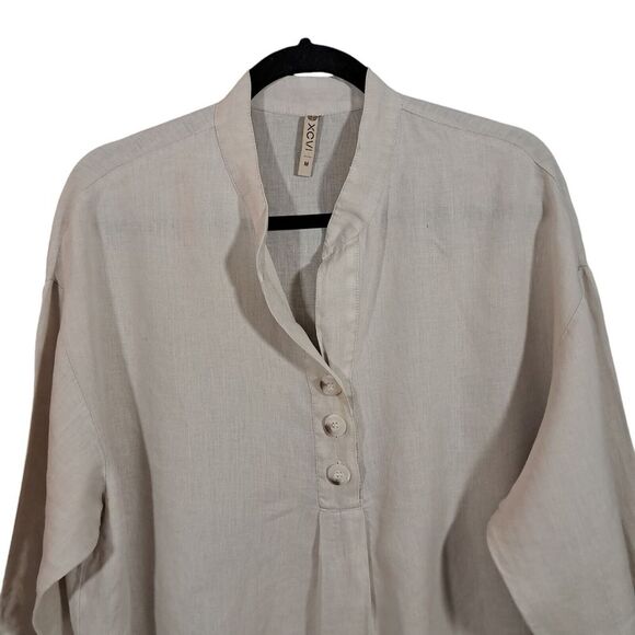 XCVI Top Womens Medium Oatmeal Popover Boho Peasant Lagenlook Gauze Linen Boxy - Picture 3 of 12